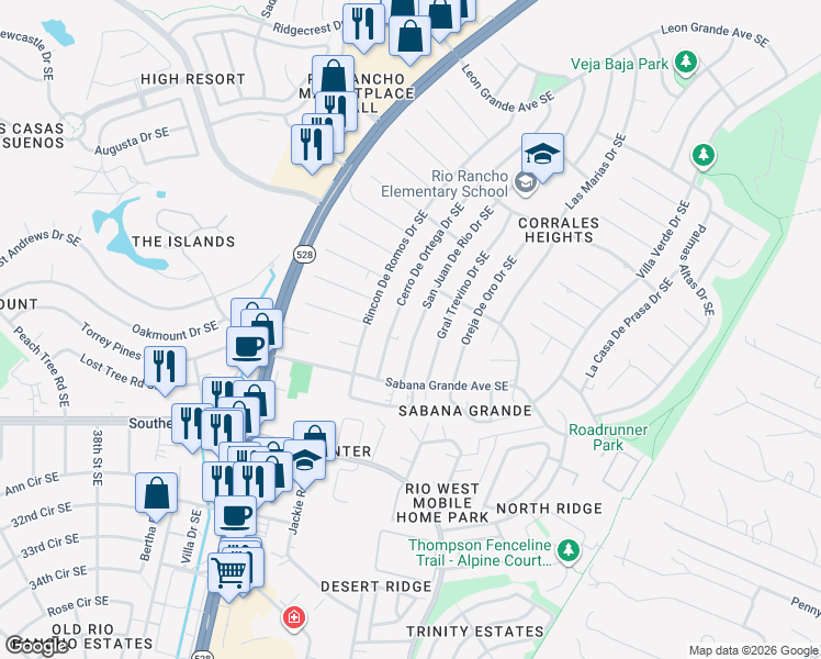map of restaurants, bars, coffee shops, grocery stores, and more near 709 San Juan De Rio Drive Southeast in Rio Rancho