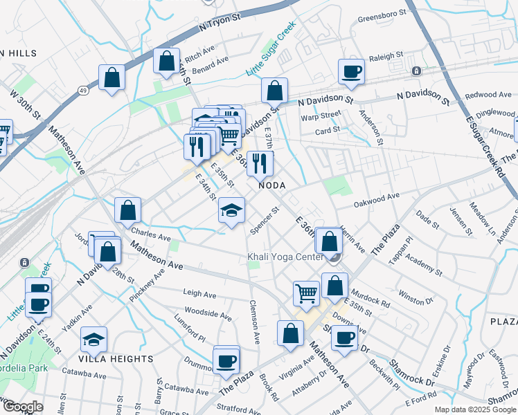 map of restaurants, bars, coffee shops, grocery stores, and more near 3206 Spencer Street in Charlotte