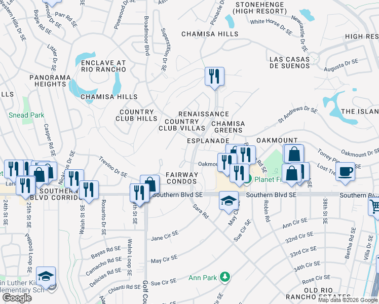 map of restaurants, bars, coffee shops, grocery stores, and more near 841 Country Club Drive Southeast in Rio Rancho