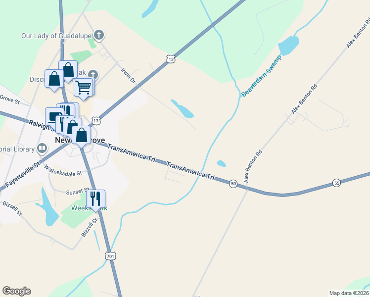 map of restaurants, bars, coffee shops, grocery stores, and more near 700 Mount Olive Drive in Newton Grove