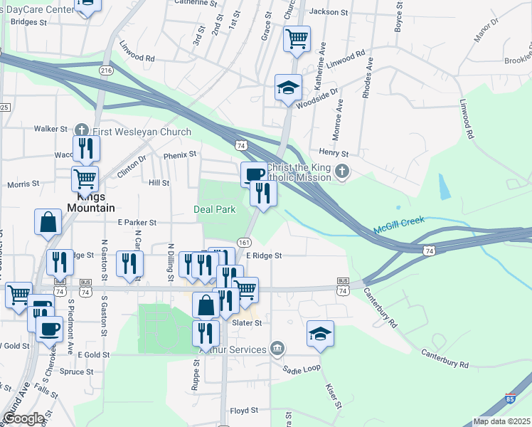 map of restaurants, bars, coffee shops, grocery stores, and more near 220 Cleveland Avenue in Kings Mountain