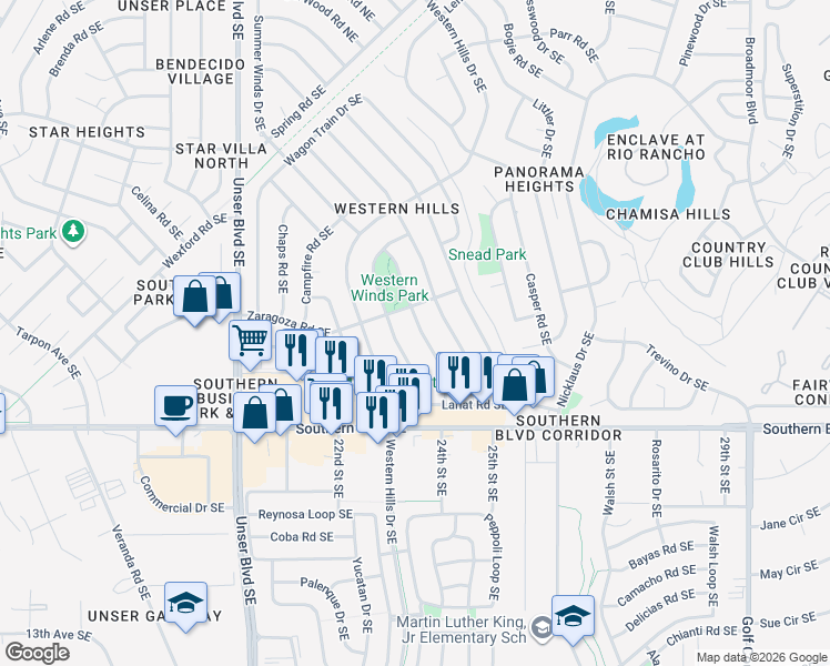 map of restaurants, bars, coffee shops, grocery stores, and more near 811 Buckboard Road Southeast in Rio Rancho
