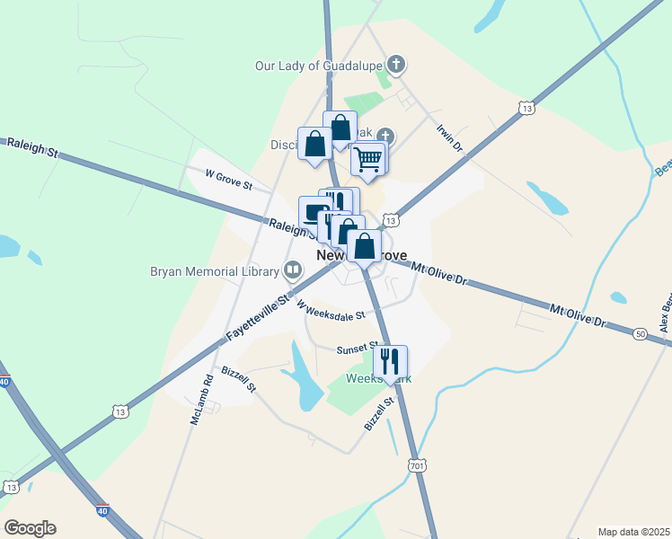 map of restaurants, bars, coffee shops, grocery stores, and more near 208 Fayetteville Street in Newton Grove