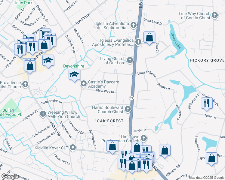 map of restaurants, bars, coffee shops, grocery stores, and more near 6840 View Way Drive in Charlotte
