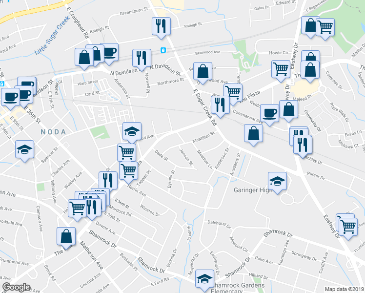 map of restaurants, bars, coffee shops, grocery stores, and more near 1119 Jensen Street in Charlotte