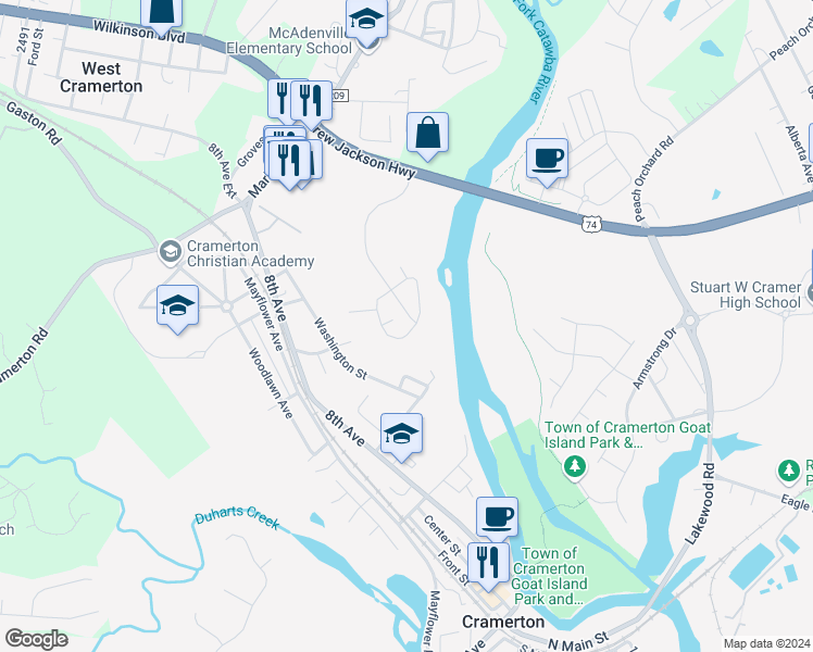 map of restaurants, bars, coffee shops, grocery stores, and more near 3035 Misty Harbor Circle in Cramerton