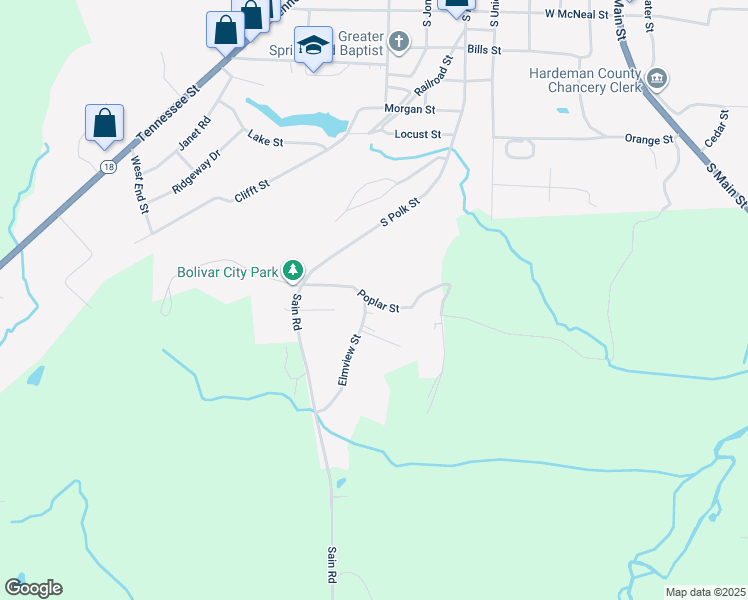 map of restaurants, bars, coffee shops, grocery stores, and more near 204 Poplar Street in Bolivar