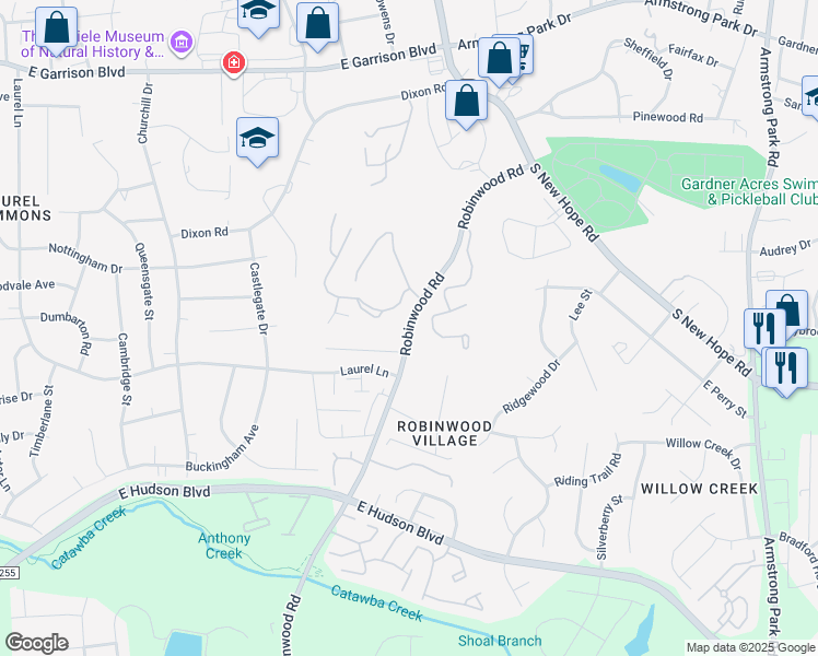 map of restaurants, bars, coffee shops, grocery stores, and more near 1136 Robinwood Road in Gastonia