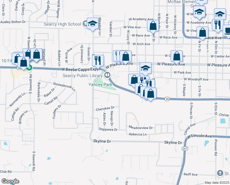 map of restaurants, bars, coffee shops, grocery stores, and more near 122 Western Hills Drive in Searcy