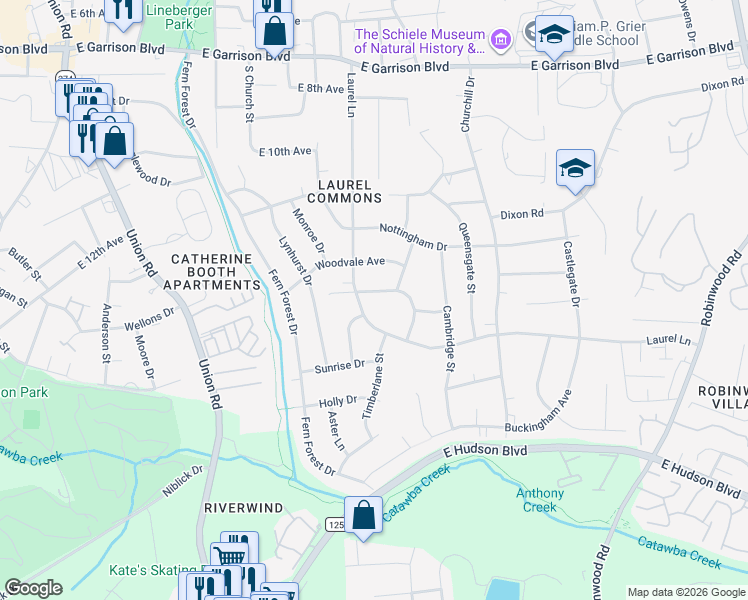 map of restaurants, bars, coffee shops, grocery stores, and more near 1424 Laurel Lane in Gastonia