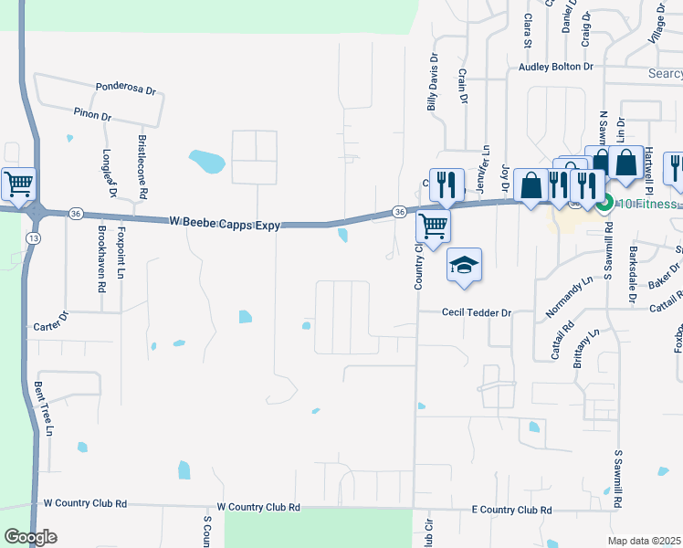 map of restaurants, bars, coffee shops, grocery stores, and more near 2712 Ridgewood Road in Searcy