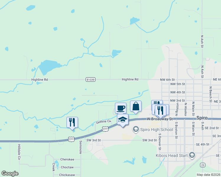 map of restaurants, bars, coffee shops, grocery stores, and more near 1002 Northwest 6th Street in Spiro
