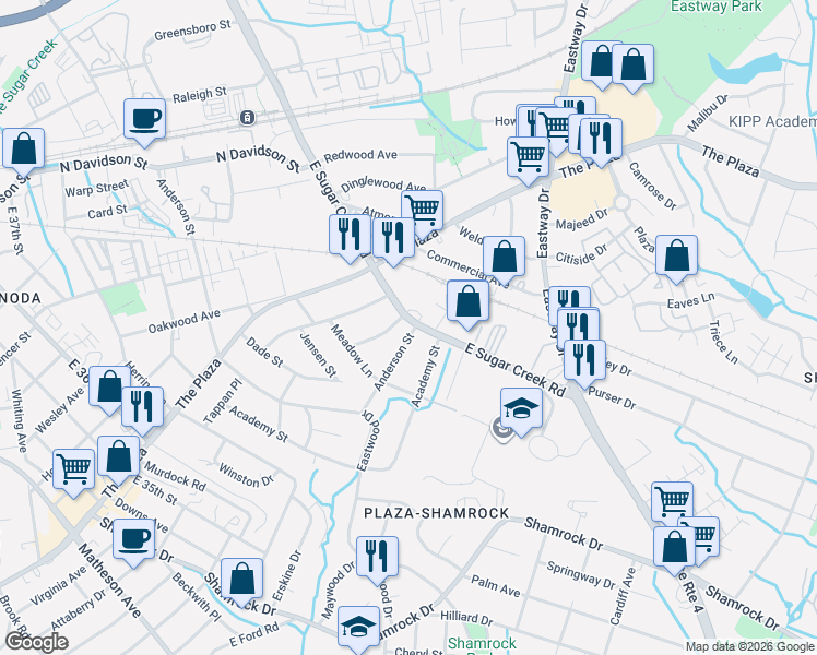map of restaurants, bars, coffee shops, grocery stores, and more near 1901 Anderson Street in Charlotte