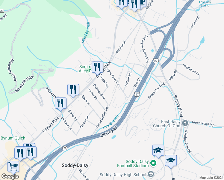 map of restaurants, bars, coffee shops, grocery stores, and more near 216 Igou Ferry Road in Soddy-Daisy