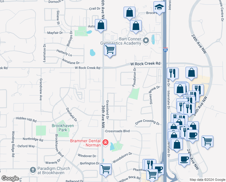 map of restaurants, bars, coffee shops, grocery stores, and more near 3521 Sunflower Street in Norman