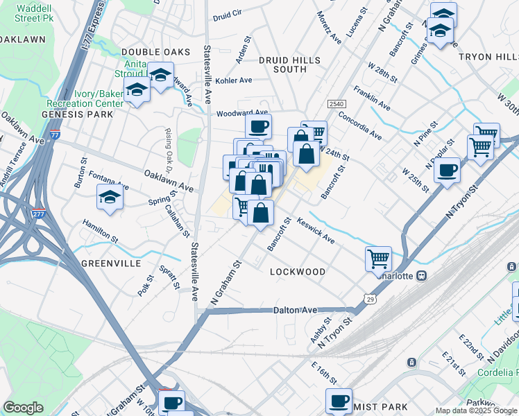map of restaurants, bars, coffee shops, grocery stores, and more near 1701 North Graham Street in Charlotte