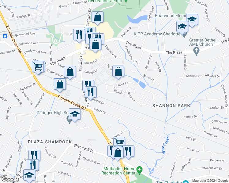 map of restaurants, bars, coffee shops, grocery stores, and more near 3724 Mohawk Court in Charlotte