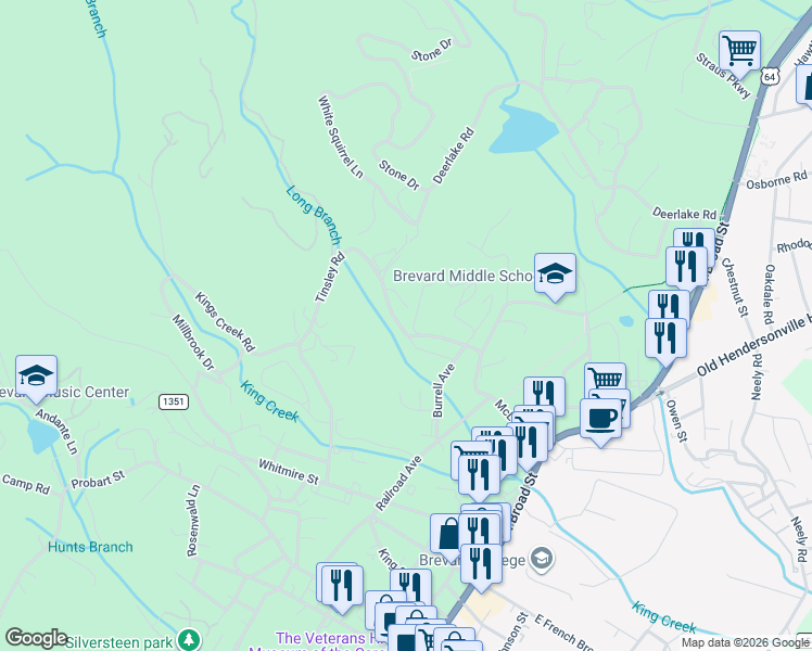 map of restaurants, bars, coffee shops, grocery stores, and more near 830 Tinsley Road in Brevard