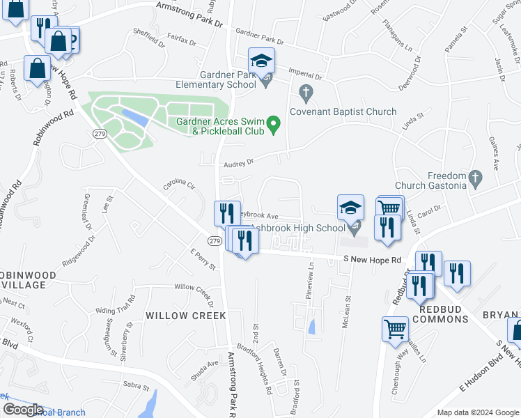 map of restaurants, bars, coffee shops, grocery stores, and more near 1100 Huntsmoor Drive in Gastonia