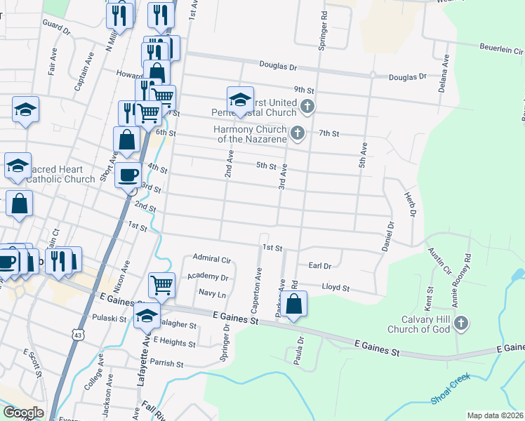 map of restaurants, bars, coffee shops, grocery stores, and more near 605 3rd Avenue in Lawrenceburg