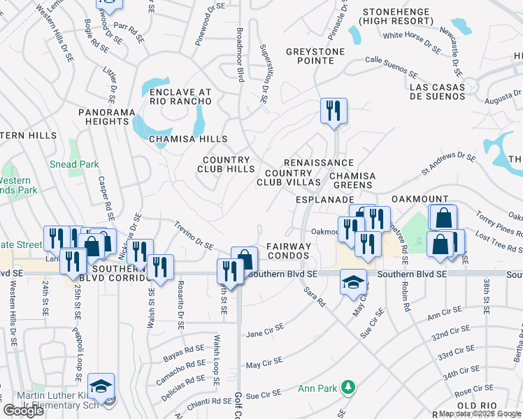 map of restaurants, bars, coffee shops, grocery stores, and more near 831 Country Club Drive Southeast in Rio Rancho