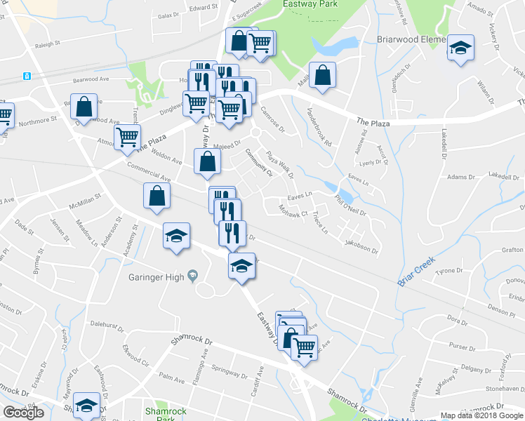 map of restaurants, bars, coffee shops, grocery stores, and more near 1811 Kindred Drive in Charlotte