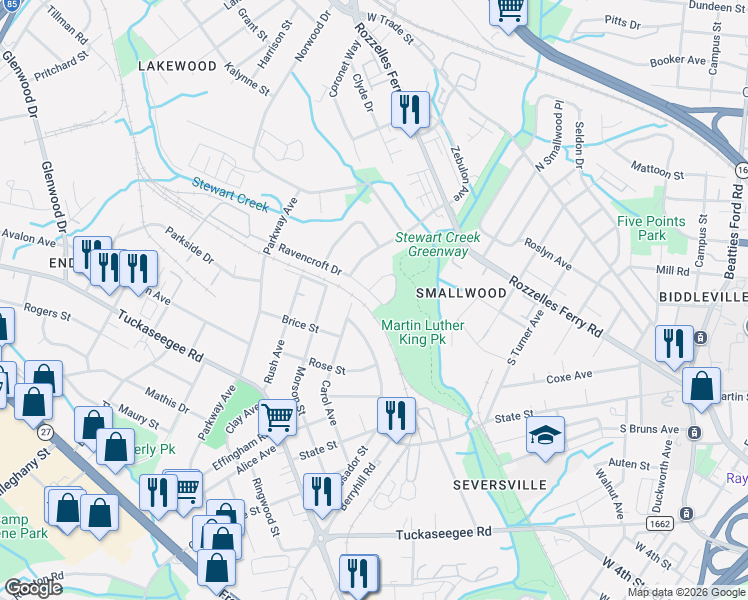 map of restaurants, bars, coffee shops, grocery stores, and more near 2700 Ravencroft Drive in Charlotte