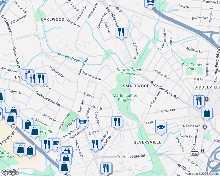map of restaurants, bars, coffee shops, grocery stores, and more near 2700 Ravencroft Drive in Charlotte