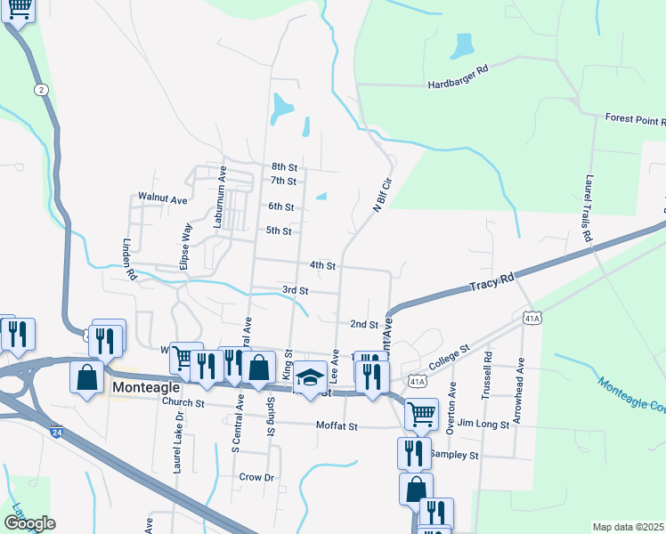 map of restaurants, bars, coffee shops, grocery stores, and more near 49 Bluff Circle in Monteagle