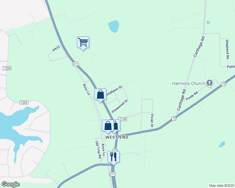 map of restaurants, bars, coffee shops, grocery stores, and more near 148 Cross Street in Moore County