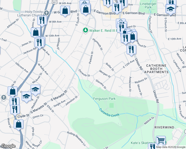 map of restaurants, bars, coffee shops, grocery stores, and more near 302 Osceola Street in Gastonia