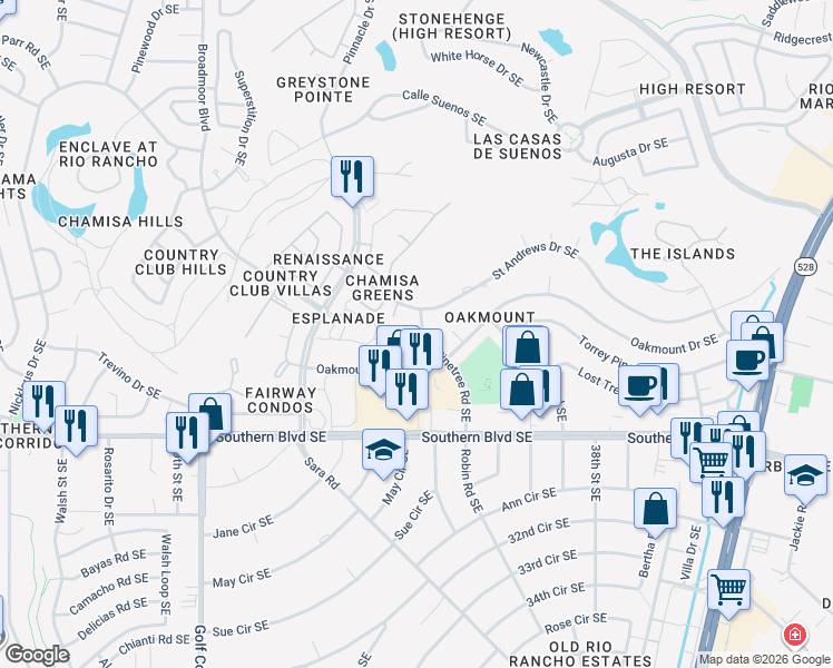 map of restaurants, bars, coffee shops, grocery stores, and more near 705 Pinetree Road Southeast in Rio Rancho