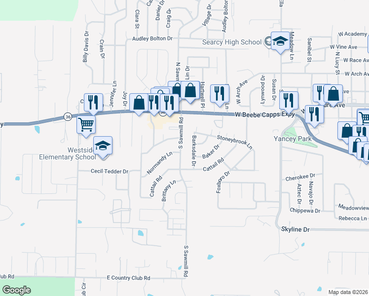 map of restaurants, bars, coffee shops, grocery stores, and more near 8 Barksdale Drive in Searcy