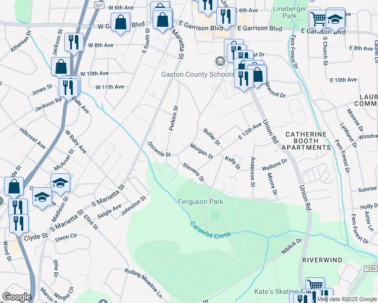 map of restaurants, bars, coffee shops, grocery stores, and more near 309 Osceola Street in Gastonia