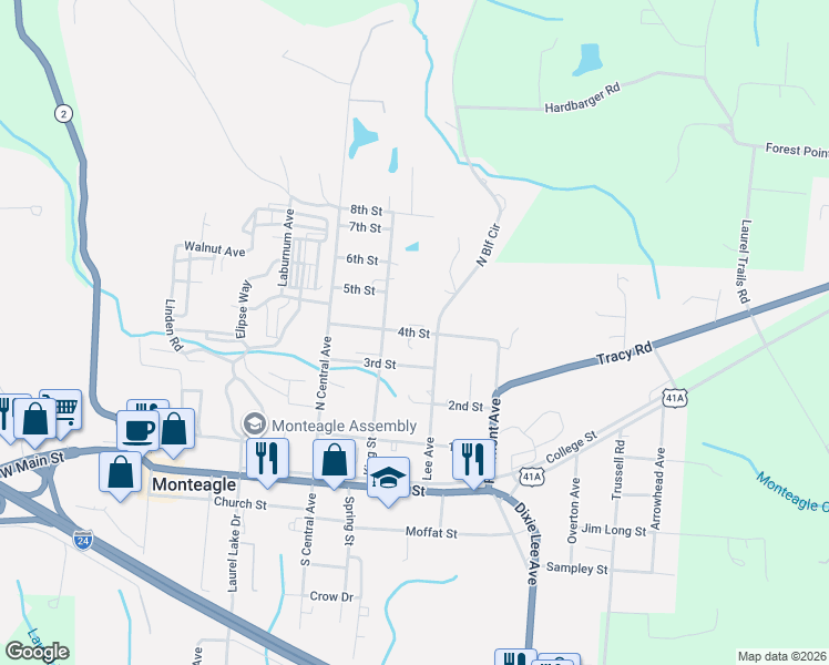 map of restaurants, bars, coffee shops, grocery stores, and more near 217 4th Street in Monteagle