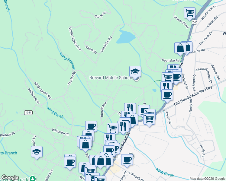 map of restaurants, bars, coffee shops, grocery stores, and more near 145 Elliott Road in Brevard