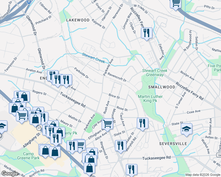 map of restaurants, bars, coffee shops, grocery stores, and more near in Charlotte
