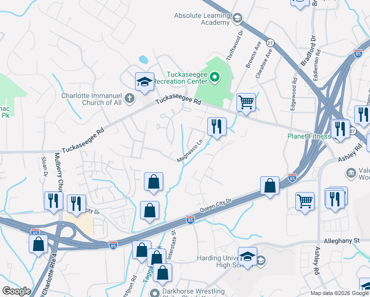 map of restaurants, bars, coffee shops, grocery stores, and more near 4748 Brewer Drive in Charlotte