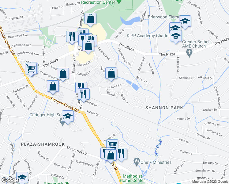 map of restaurants, bars, coffee shops, grocery stores, and more near 4515 Eaves Lane in Charlotte