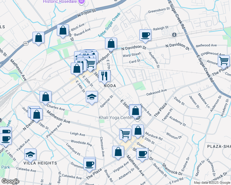map of restaurants, bars, coffee shops, grocery stores, and more near 832 East 37th Street in Charlotte
