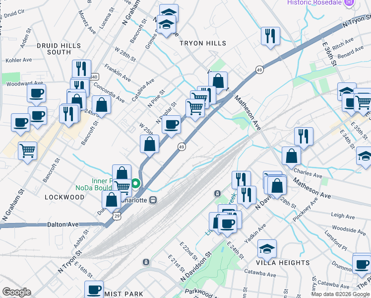 map of restaurants, bars, coffee shops, grocery stores, and more near 100-198 W 26th St in Charlotte