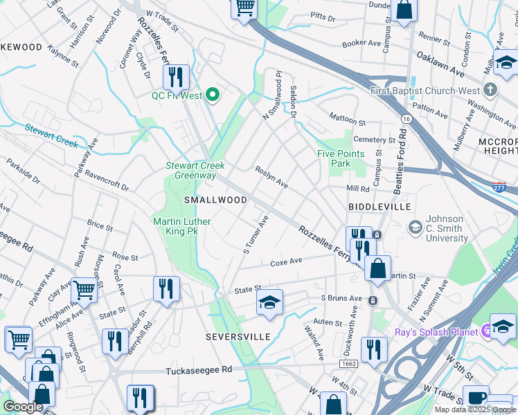 map of restaurants, bars, coffee shops, grocery stores, and more near 2314 Rozzelles Ferry Road in Charlotte