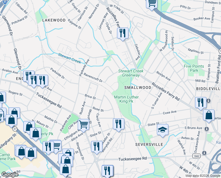 map of restaurants, bars, coffee shops, grocery stores, and more near 2700 Ravencroft Drive in Charlotte