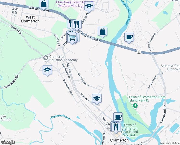 map of restaurants, bars, coffee shops, grocery stores, and more near 3048 Misty Harbor Circle in Cramerton