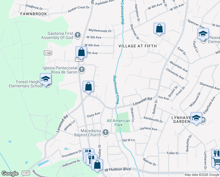 map of restaurants, bars, coffee shops, grocery stores, and more near 5120 Ridgecrest Road in Gastonia