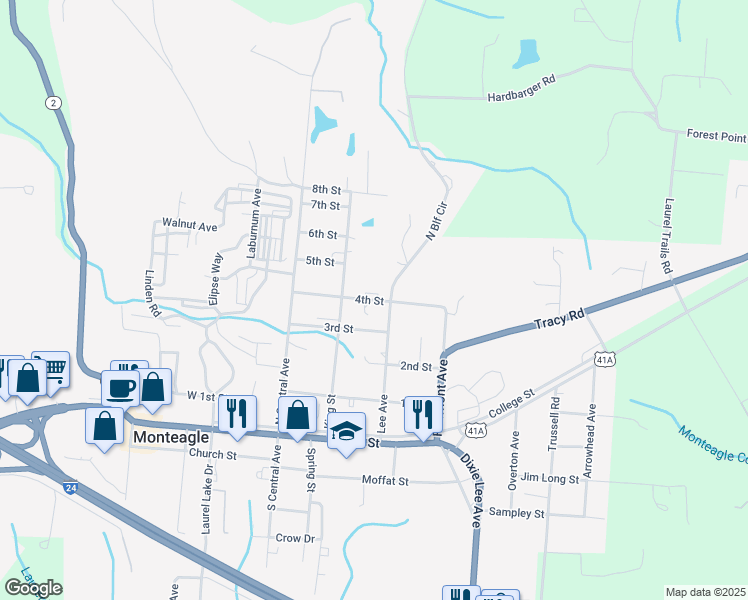 map of restaurants, bars, coffee shops, grocery stores, and more near 217 4th Street in Monteagle