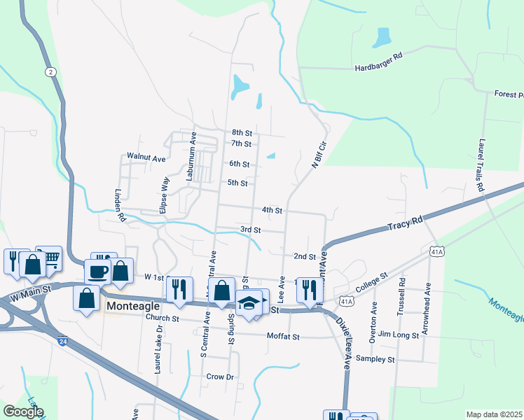 map of restaurants, bars, coffee shops, grocery stores, and more near 217 4th Street in Monteagle