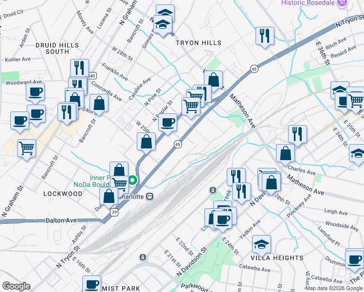 map of restaurants, bars, coffee shops, grocery stores, and more near 100-198 W 26th St in Charlotte