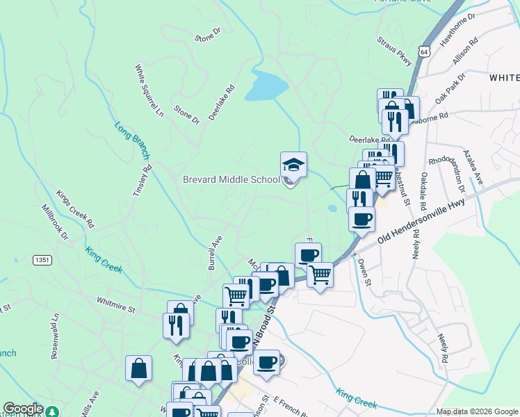map of restaurants, bars, coffee shops, grocery stores, and more near Moose Lodge Road in Transylvania County