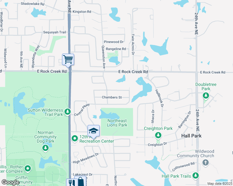 map of restaurants, bars, coffee shops, grocery stores, and more near 1520 Baycharter Street in Norman
